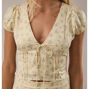 Le Lis Pale Yellow Floral Tie-Front Crop Top
